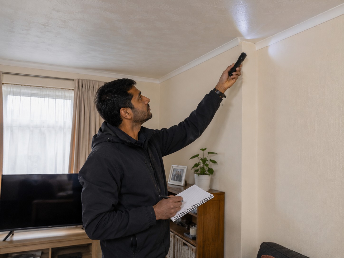 A surveyor inspecting a ceiling with a torch during a retrofit survey
