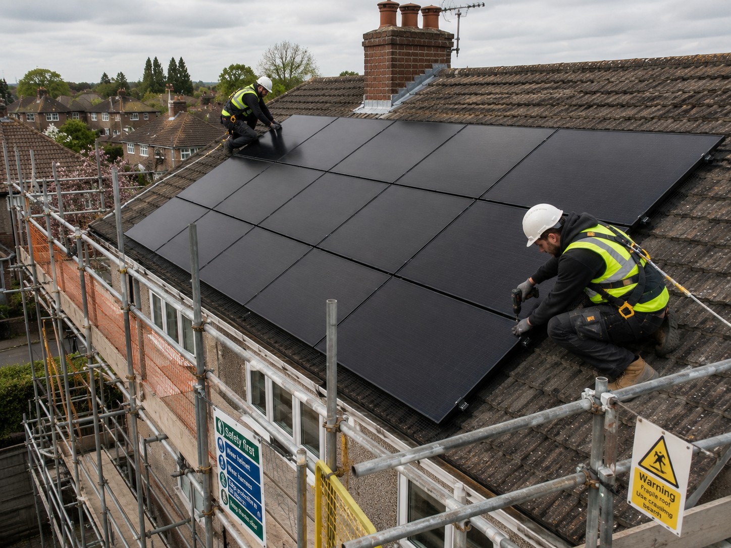 Installers fitting solar panels to a roof from scaffolding