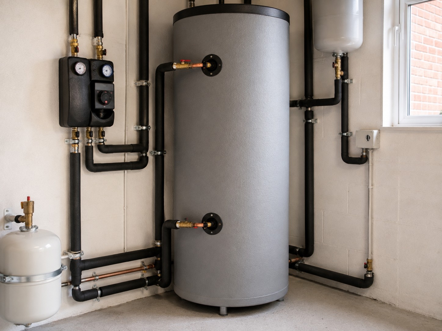 A solar cylinder and pump station in an airing cupboard