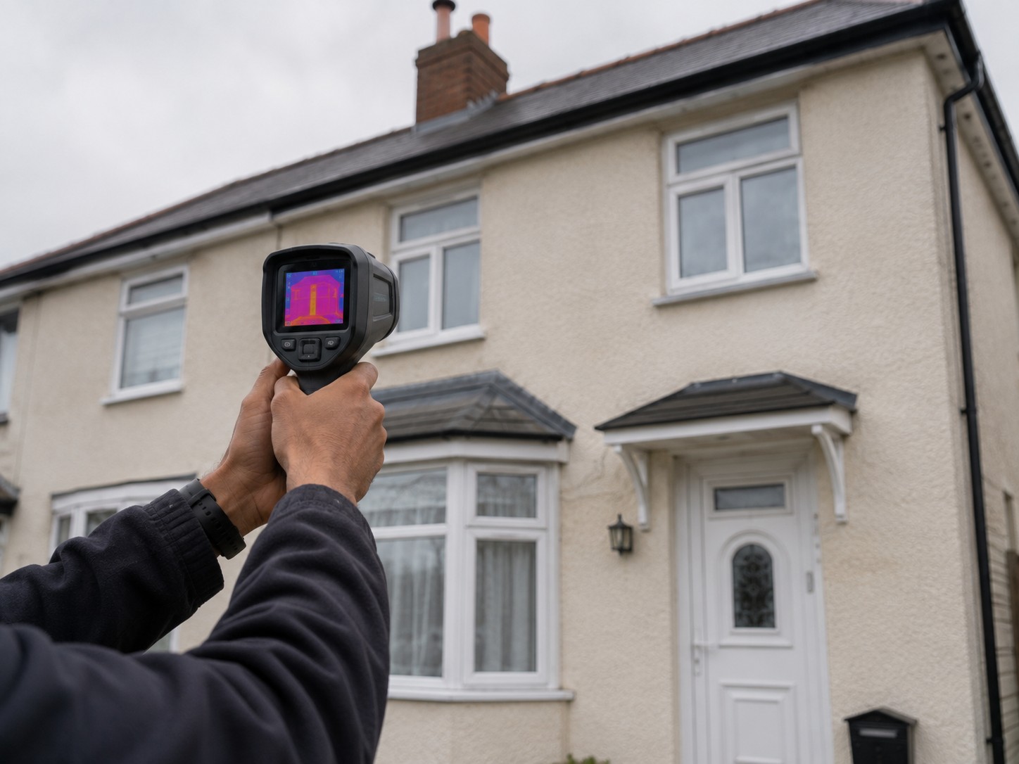 A thermal camera showing a heat image of the front of a house