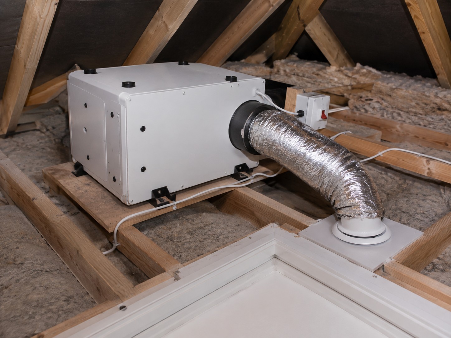 A ventilation unit and ducting installed in a loft