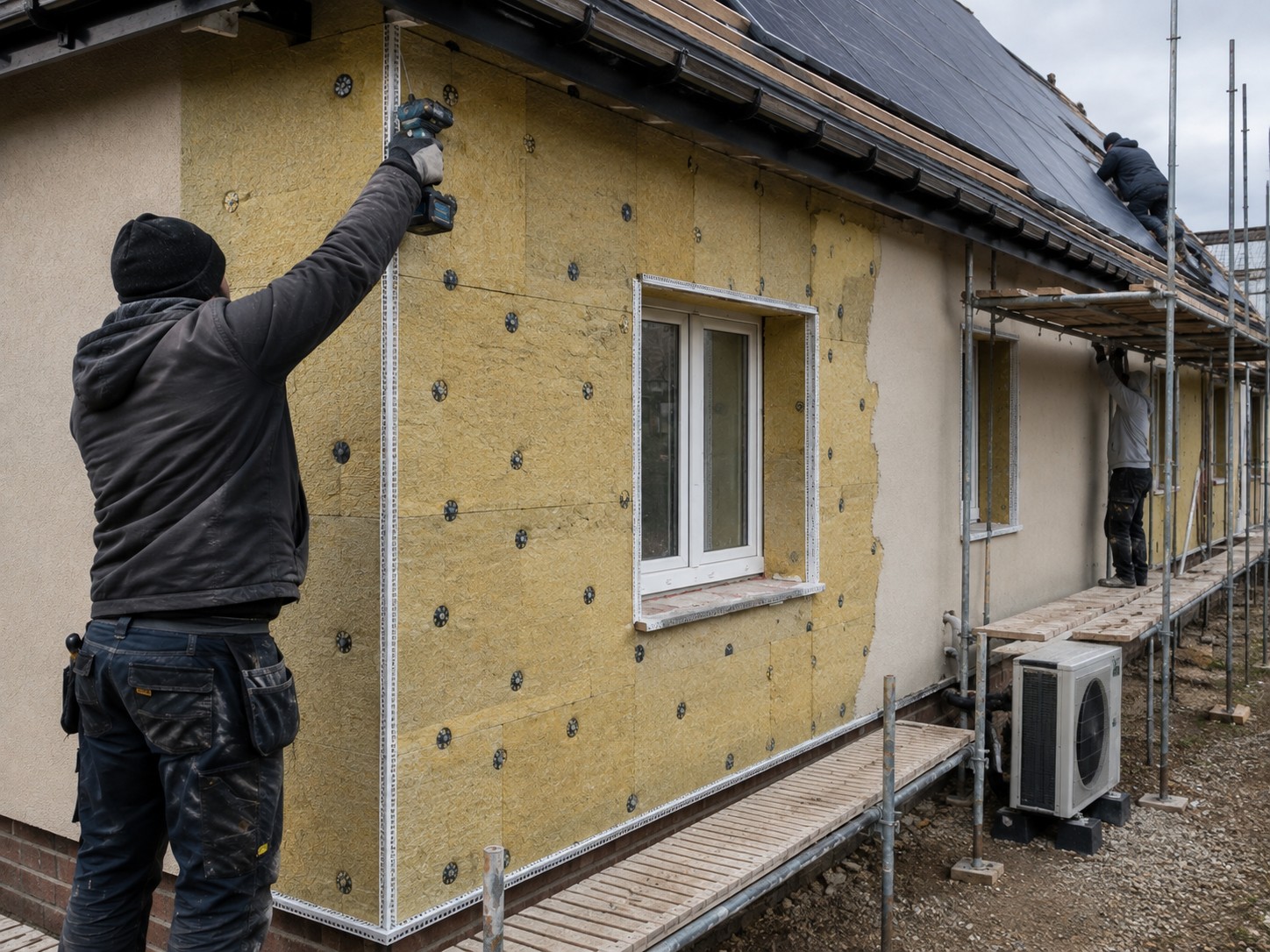 Wall insulation and roof work under way on a house at the same time