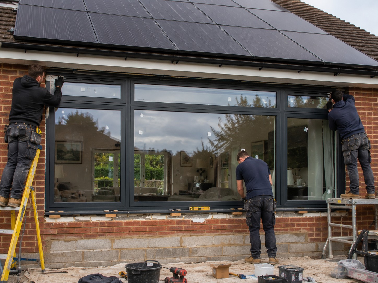 Fitters installing a large window unit into a rear wall