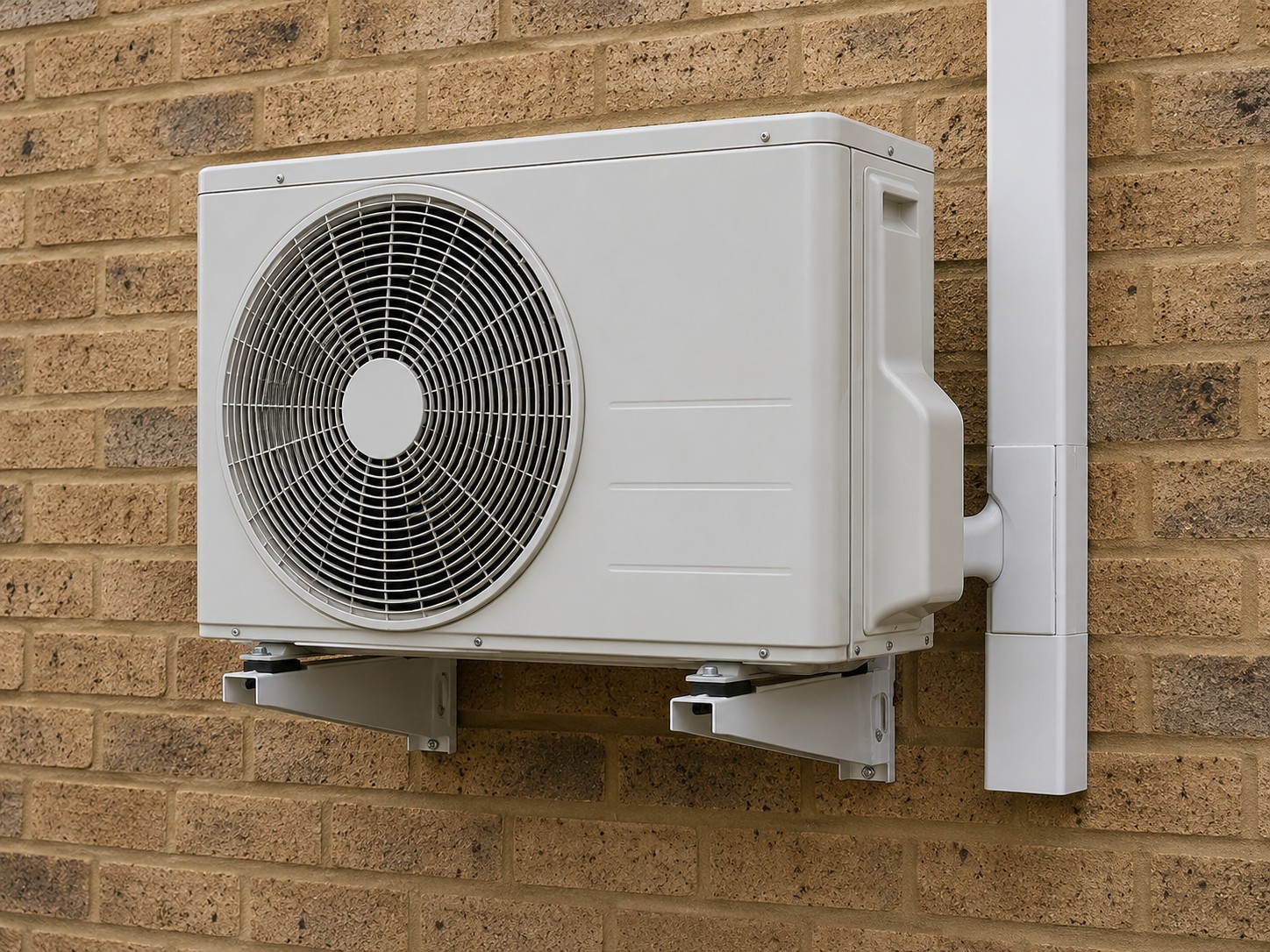 An air conditioning outdoor unit bracketed to a wall