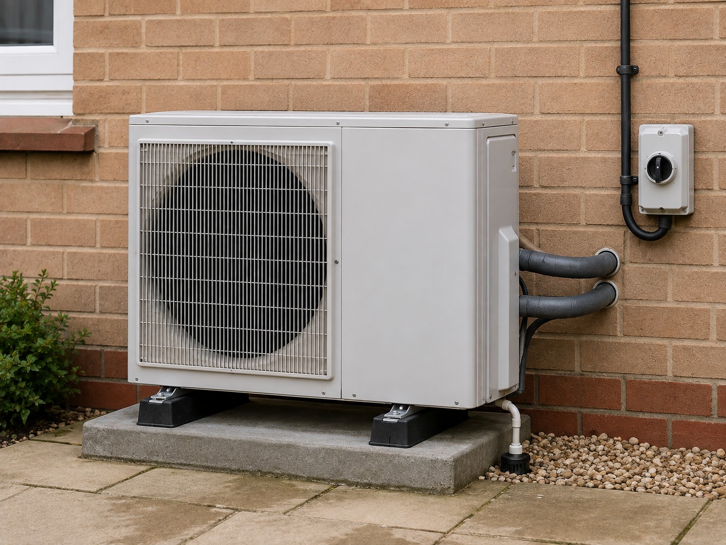 An air source heat pump on brackets against a brick wall