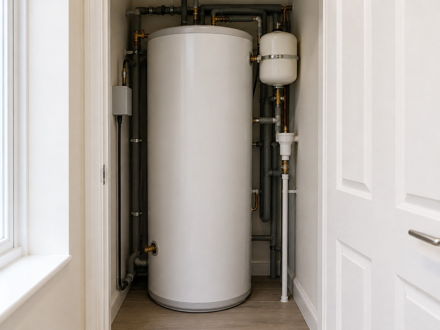 A hot water cylinder and expansion vessel in a cupboard