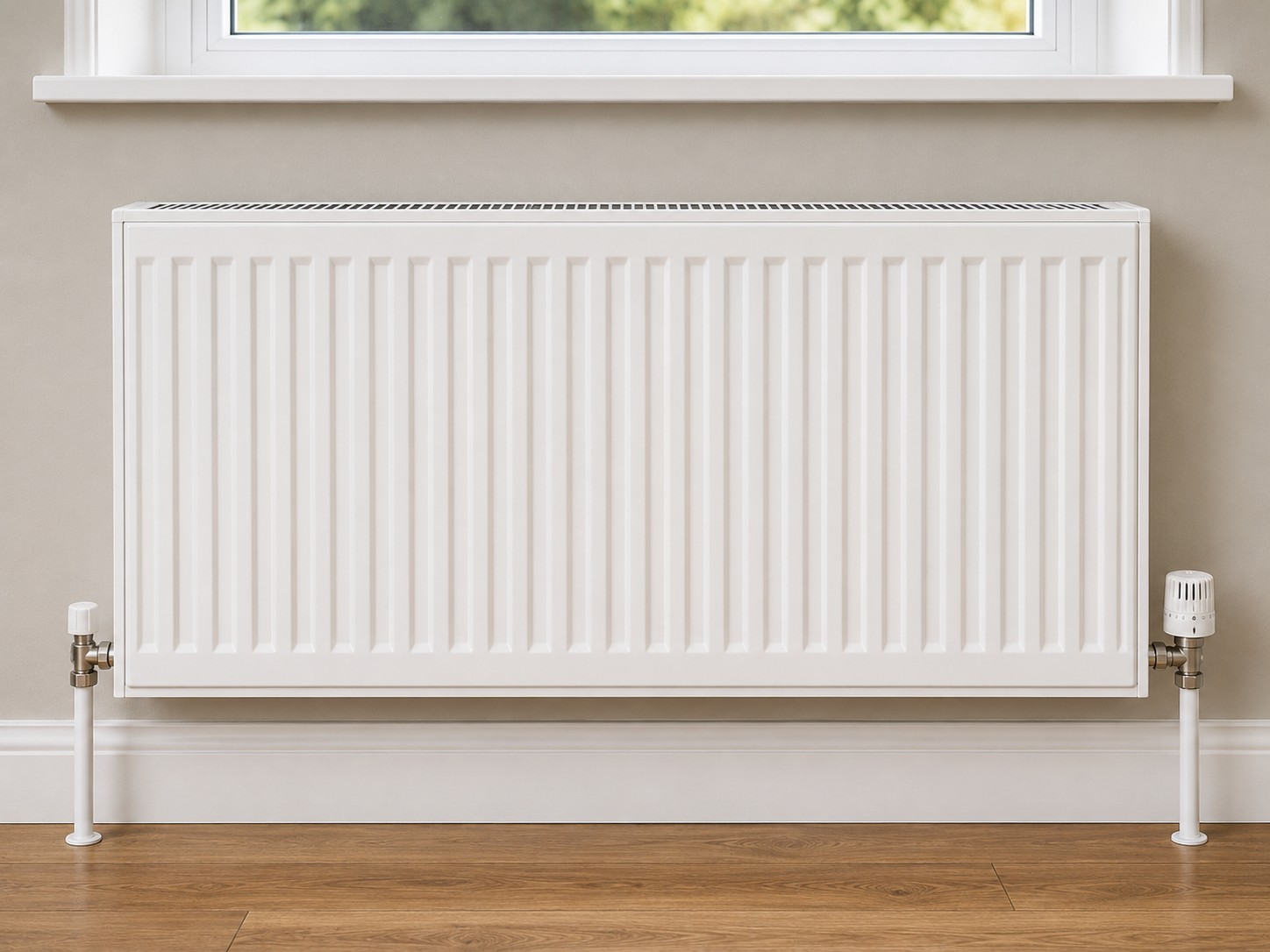 A panel radiator fitted beneath a window