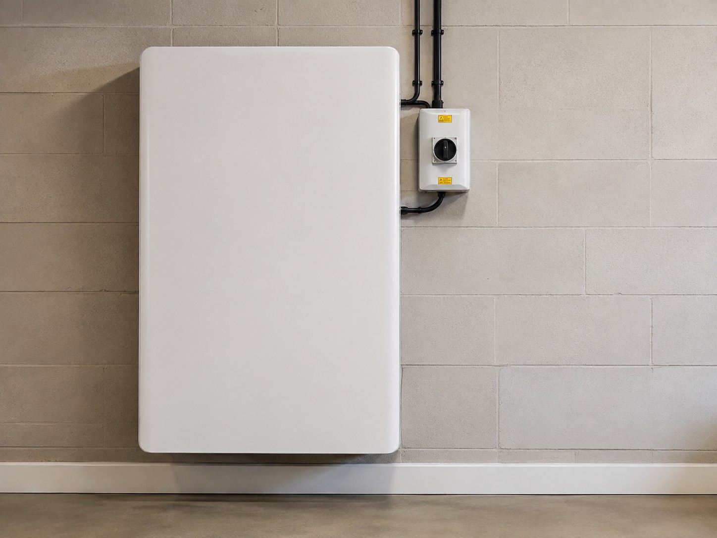A home battery cabinet mounted on a wall beside its isolator