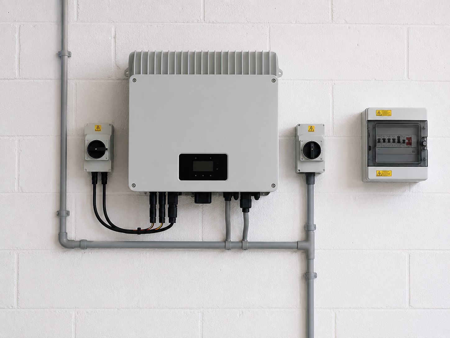 A hybrid inverter wall-mounted between two isolators