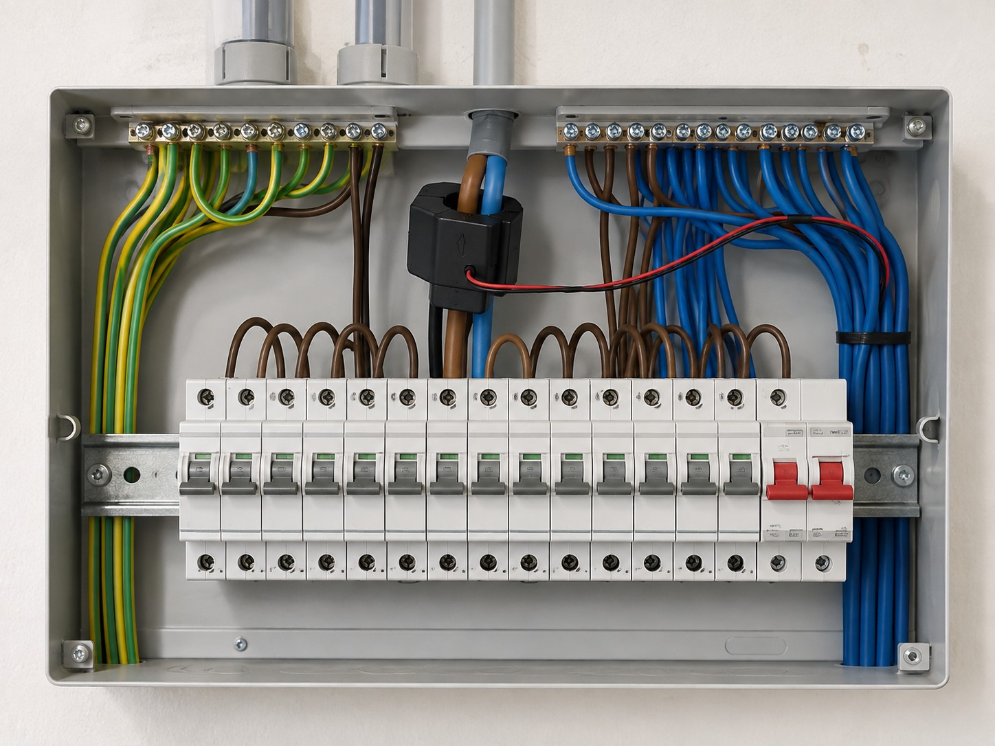A consumer unit with the circuits wired in and labelled