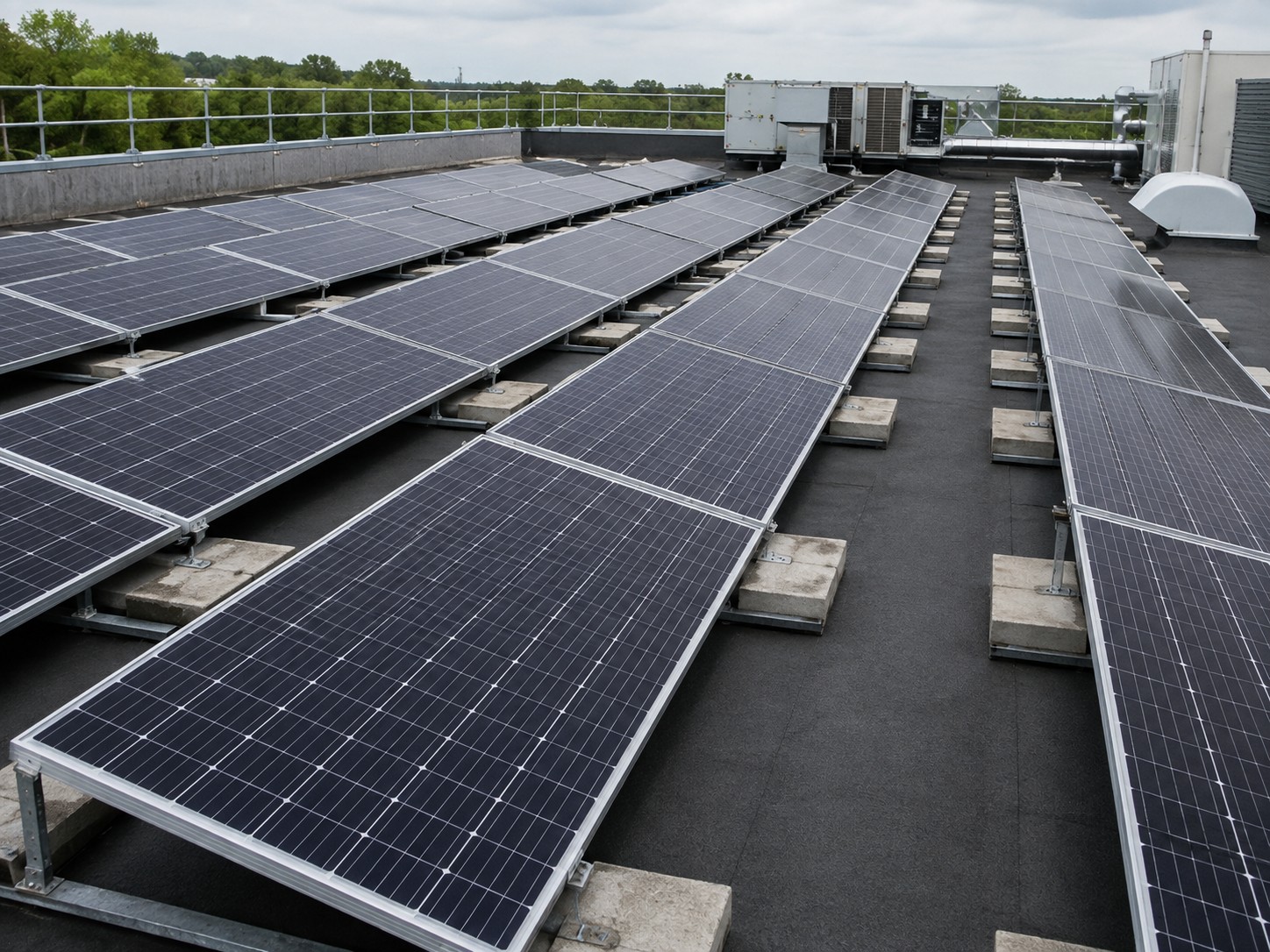 Rows of ballasted solar panels across a flat commercial roof