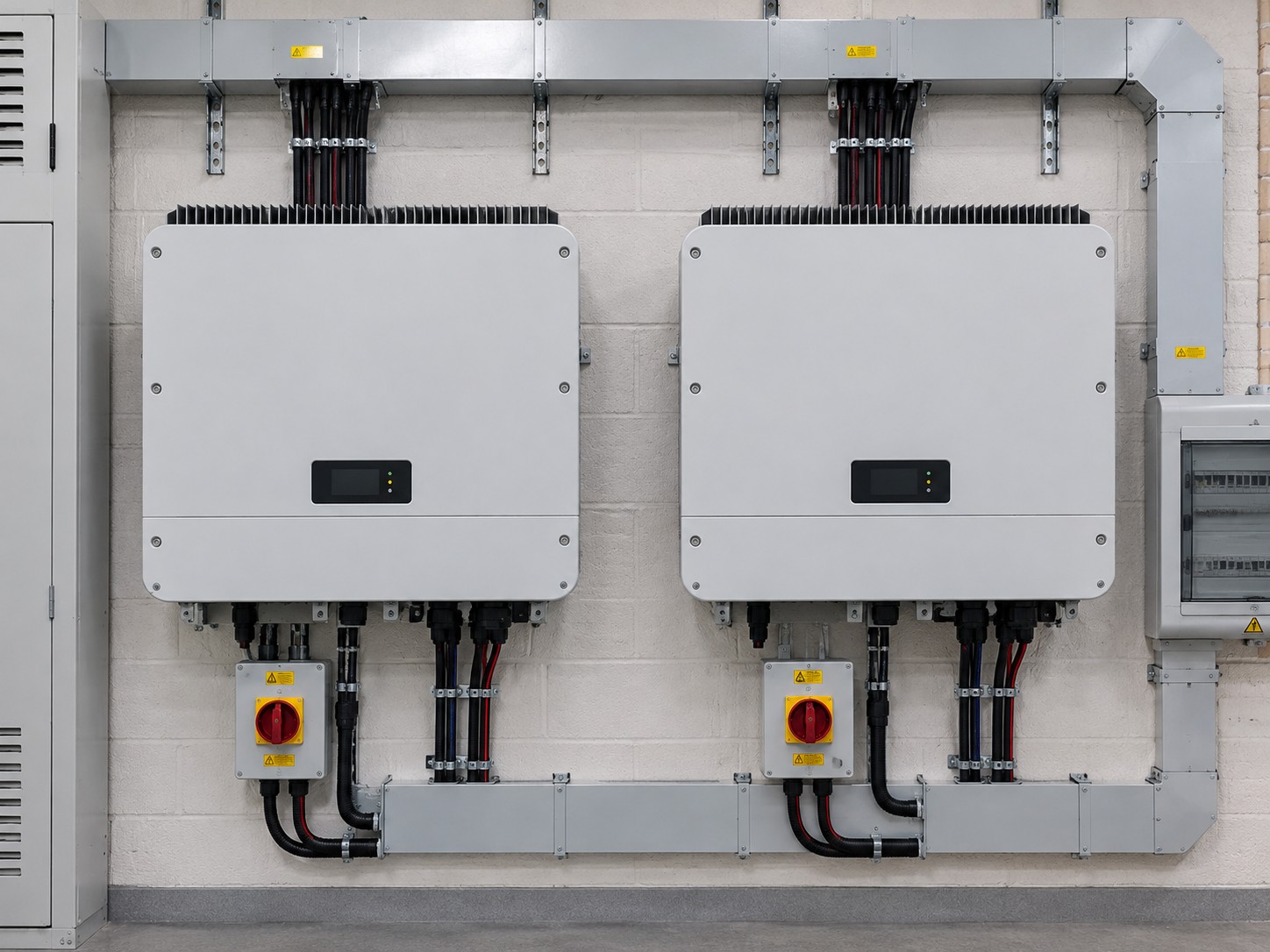 A pair of three phase inverters mounted in a plant room