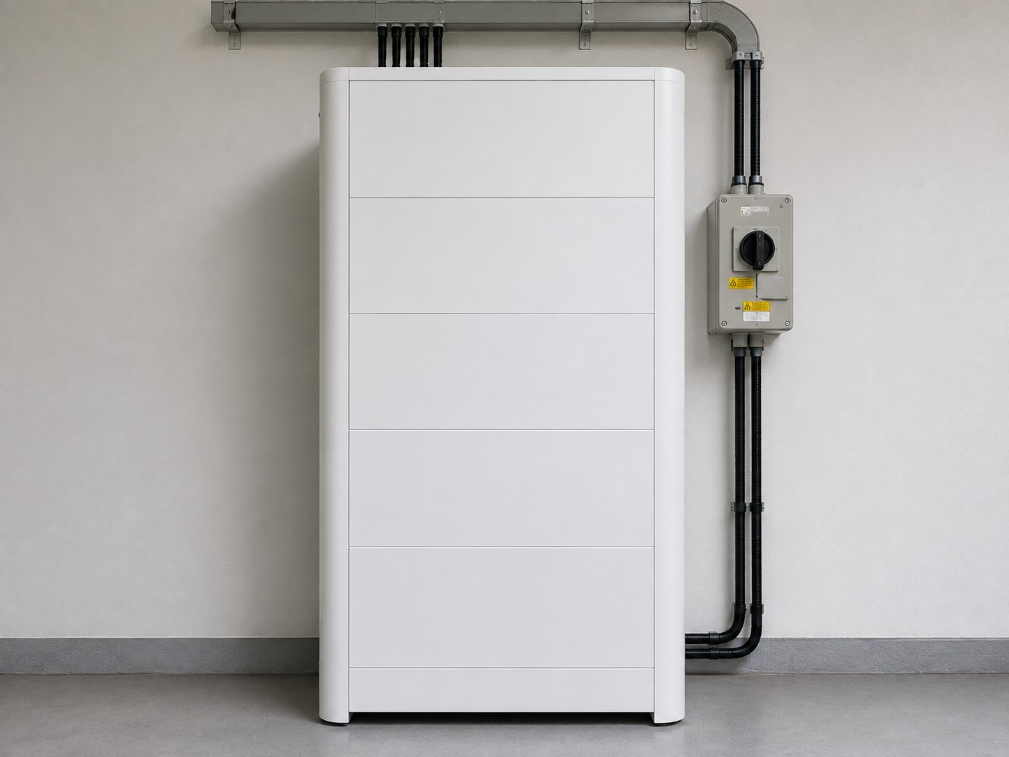 A commercial battery cabinet beside its isolator