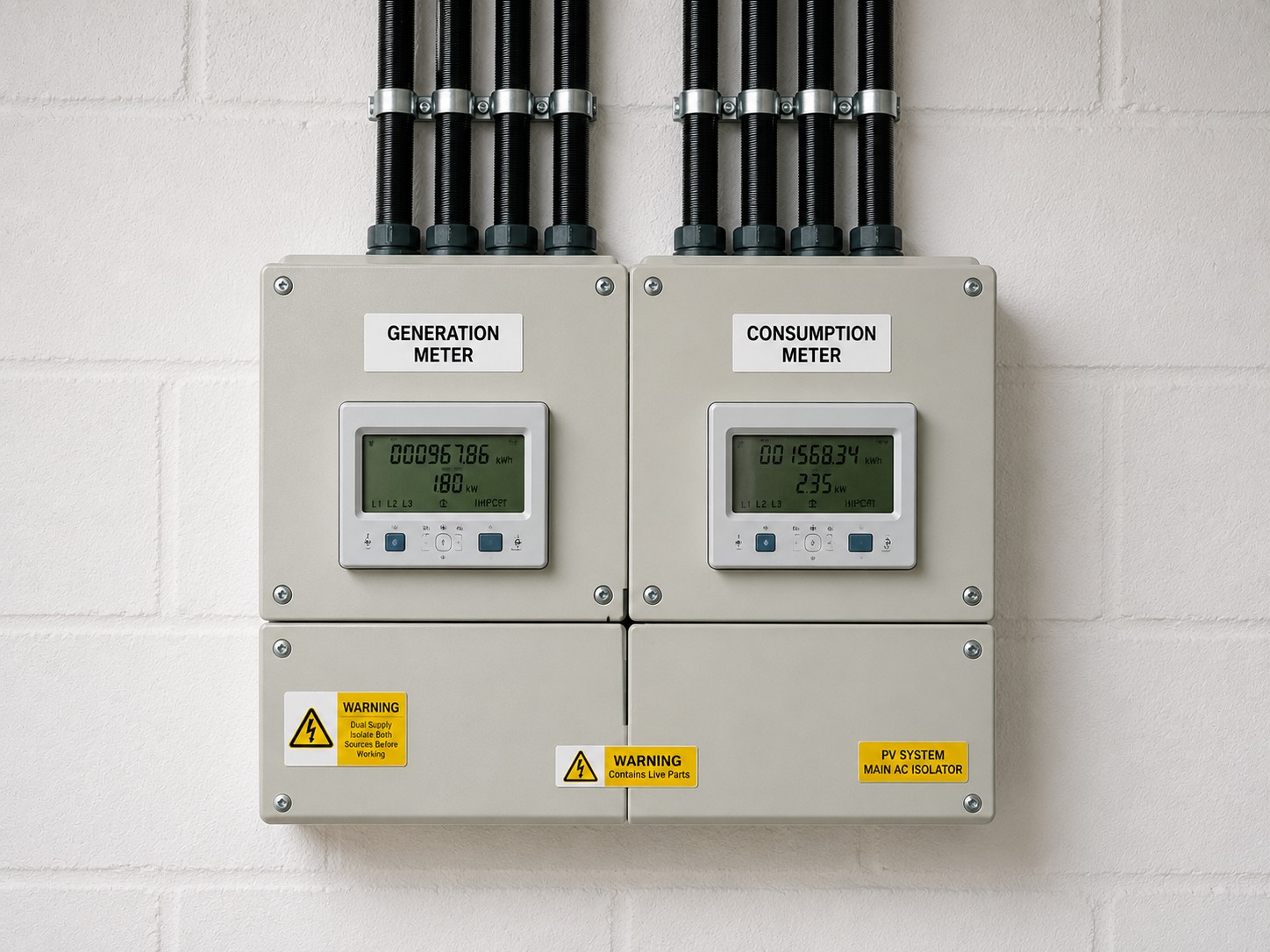 Generation and consumption meters mounted on a wall