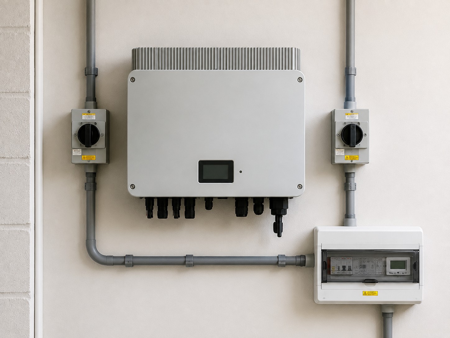A solar inverter wall-mounted between its isolators