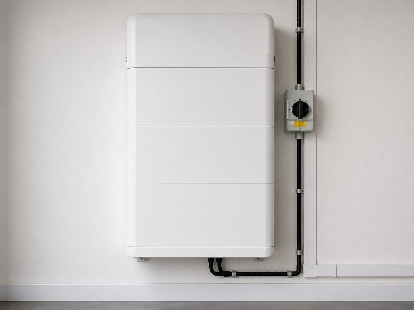 A stacked battery unit mounted against a wall