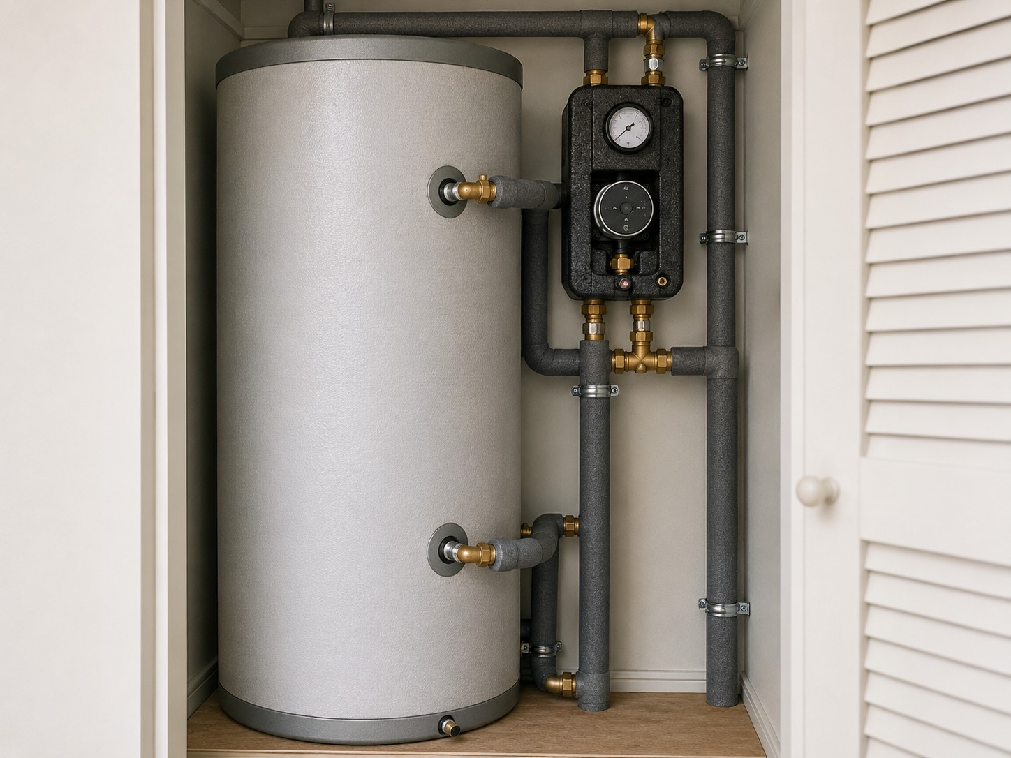 A twin coil solar cylinder with its pump station