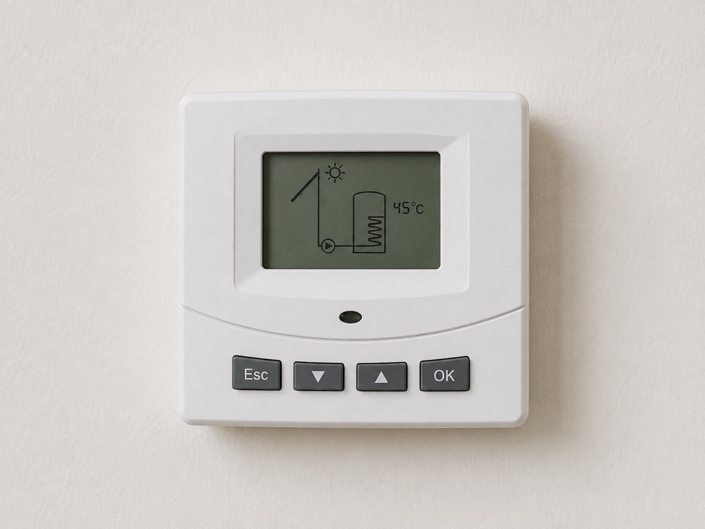 A solar controller on a wall showing the cylinder temperature